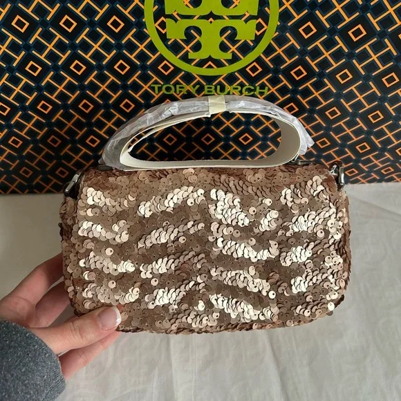 Tory Burch Britten Sequin Mini Top Handle Bag Crossbody Bag Rose Gold Silver